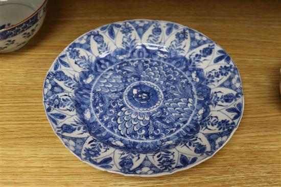 18th century Chinese porcelain: a blue and white plate, a bowl and an Imari teapot and cover